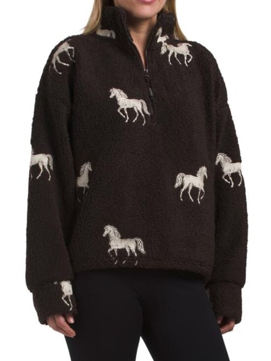Kyodan Tops - KYODAN Horse Embroidered Long Sleeve Mock Collar Pull Over Jacket